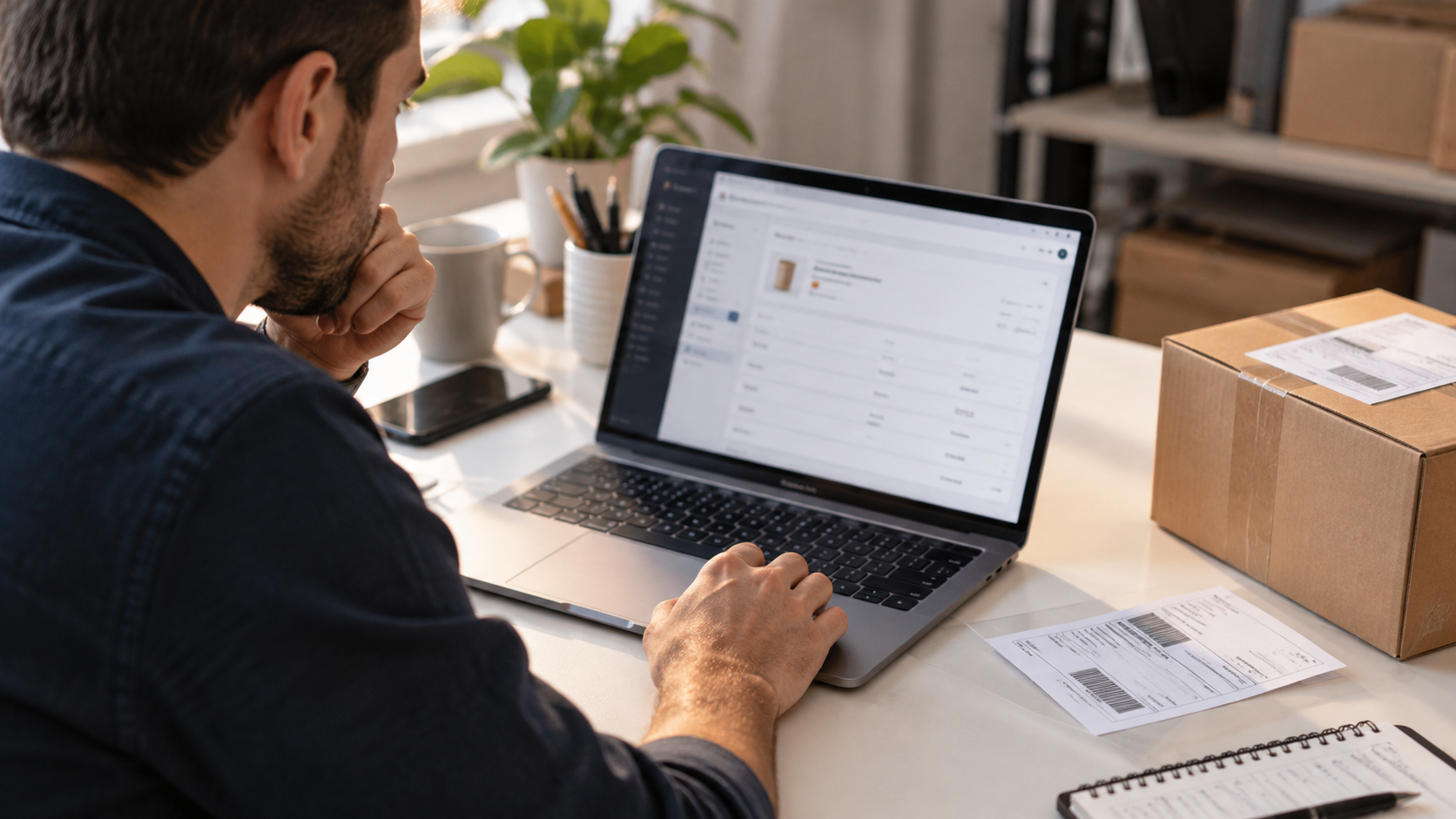 E-ticaret çalışanı paket hazırlarken bilgisayarından sipariş kaydını inceliyor.