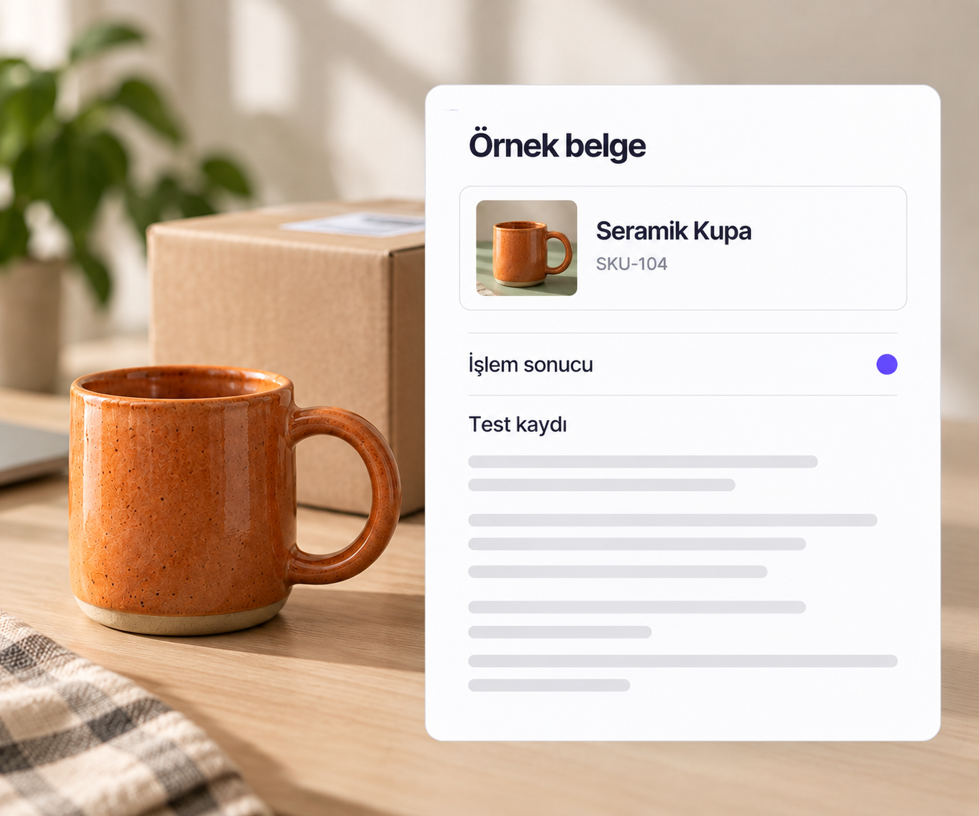 Seramik kupa siparişine ait örnek belgenin test kaydı ve işlem sonucu kontrolü