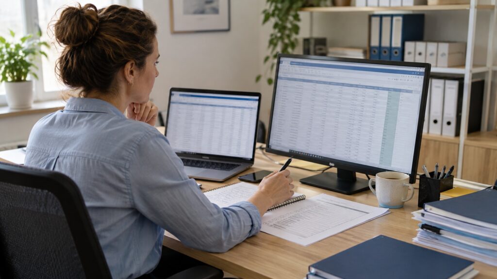 İşletme çalışanı iki ekrandaki kayıtları karşılaştırarak veri aktarımını kontrol ediyor.
