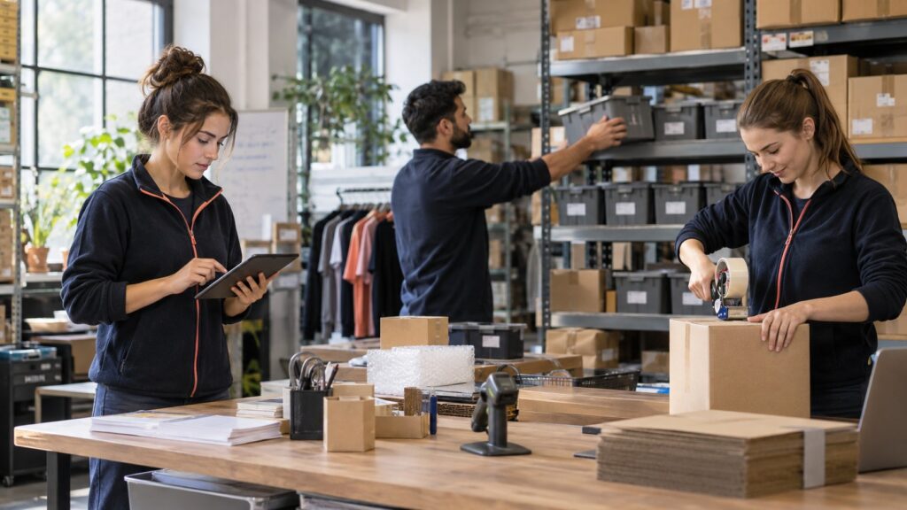 E-ticaret ekibi depoda stok kontrolü, ürün toplama ve paketleme yapıyor.
